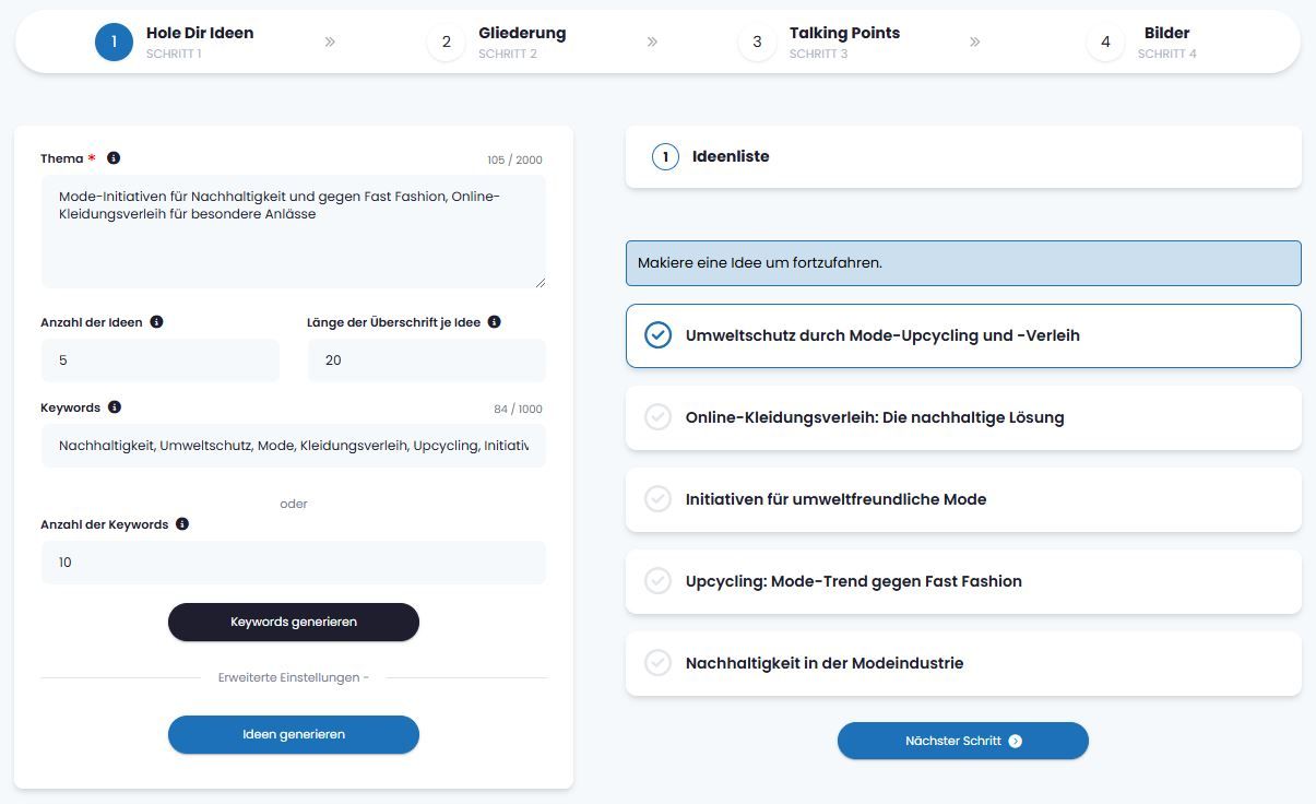 AI Content Assistent für Ideenfindung